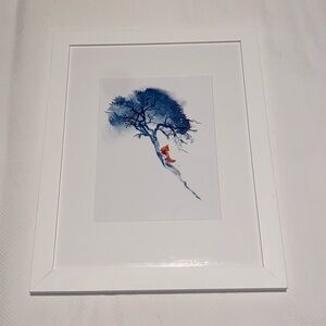 Blue Tree and Red Fox Print in White Wood Frame